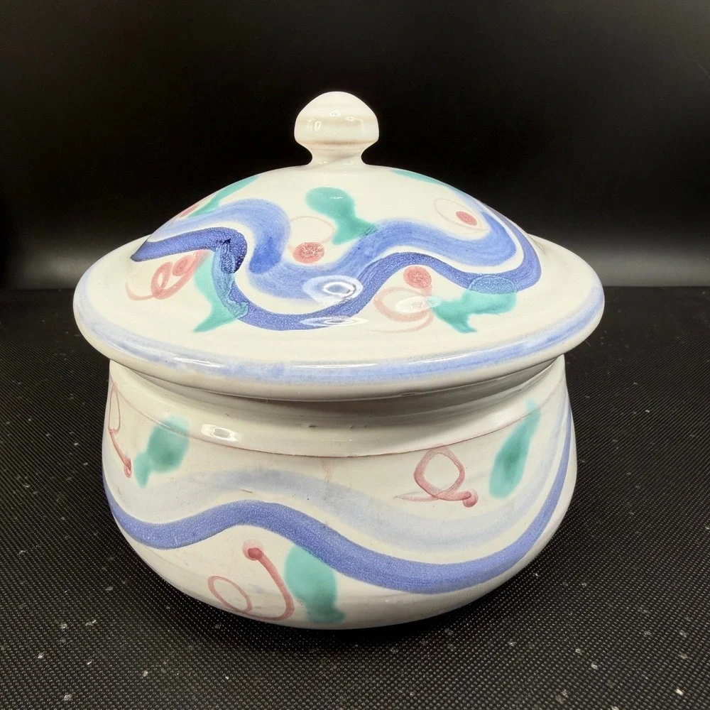 Nicola Fasano Italy Pier 1 Ceramic Lidded Jar Hand Painted Abstract Blue Pink 4